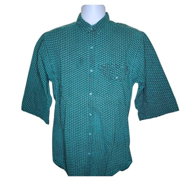 Vintage 80s Tomato Geo Check Short Sleeve Button Up Mens Shirt Size M Green - Picture 1 of 7